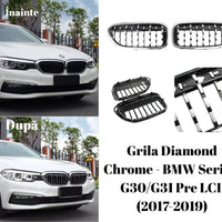 Set complet grilă frontală BMW Seria 5 G30/G31 Pre LCI (2017–2019), design Diamond Chrome, vedere frontală, material ABS premium cu finisaj cromat și negru lucios, stil sportiv și elegant.