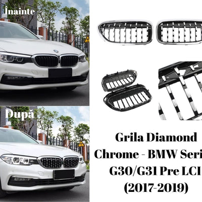 Colaj comparativ înainte și după instalarea grilei frontale BMW Seria 5 G30/G31 Pre LCI (2017–2019) design Diamond Chrome, evidențiind diferența estetică sportivă și premium.