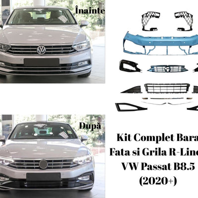 Transformare estetică Volkswagen Passat B8.5 (2020+) cu kit bară față și grilă R-Line – comparație înainte și după instalare, plus piesele incluse.

