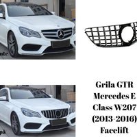 Grilă față GTR Look pentru Mercedes E-Class W207 Facelift (2013–2016), vedere frontală, design cu bare verticale cromate și suport emblemă centrală.