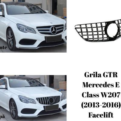 Set comparație înainte și după montaj grilă GTR Look pe Mercedes E-Class W207 Facelift alb (2013–2016), vedere frontală completă.