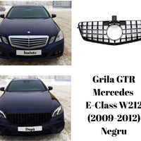 Grilă față GTR Look neagră pentru Mercedes E-Class W212, vedere frontală, design sportiv cu bare verticale, compatibilitate 2009–2012.