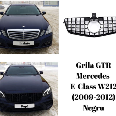 Comparație înainte și după instalarea grilei GTR Look neagră pe Mercedes E-Class W212 (2009–2012), vedere frontală mașină albastră.
