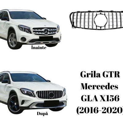 Imagine comparativă înainte și după montaj grilă GTR Look pe Mercedes GLA X156 alb, vedere frontală